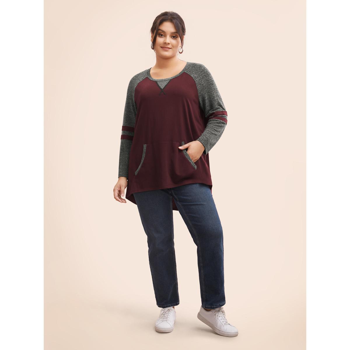 Plus Size Striped Contrast Pocket Raglan Sleeve High Low Hem Sweatshirt Women DarkBlue Casual Contrast Round Neck Everyday Sweatshirts BloomChic 22-24/3X Product Image