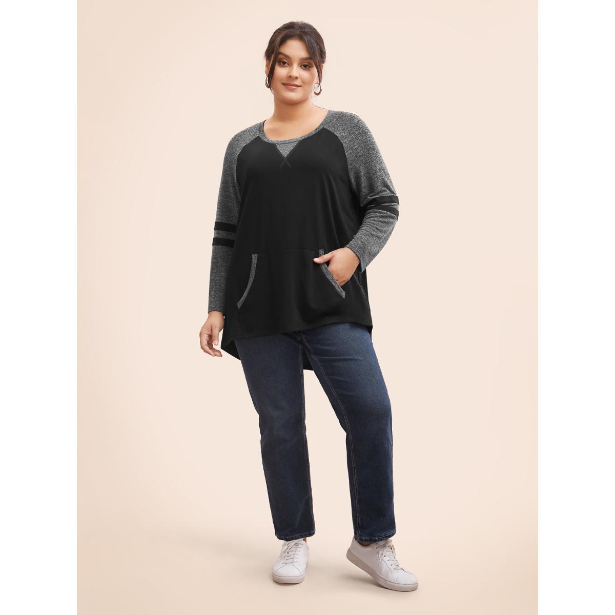 Plus Size Striped Contrast Pocket Raglan Sleeve High Low Hem Sweatshirt Women DarkBlue Casual Contrast Round Neck Everyday Sweatshirts BloomChic 22-24/3X Product Image