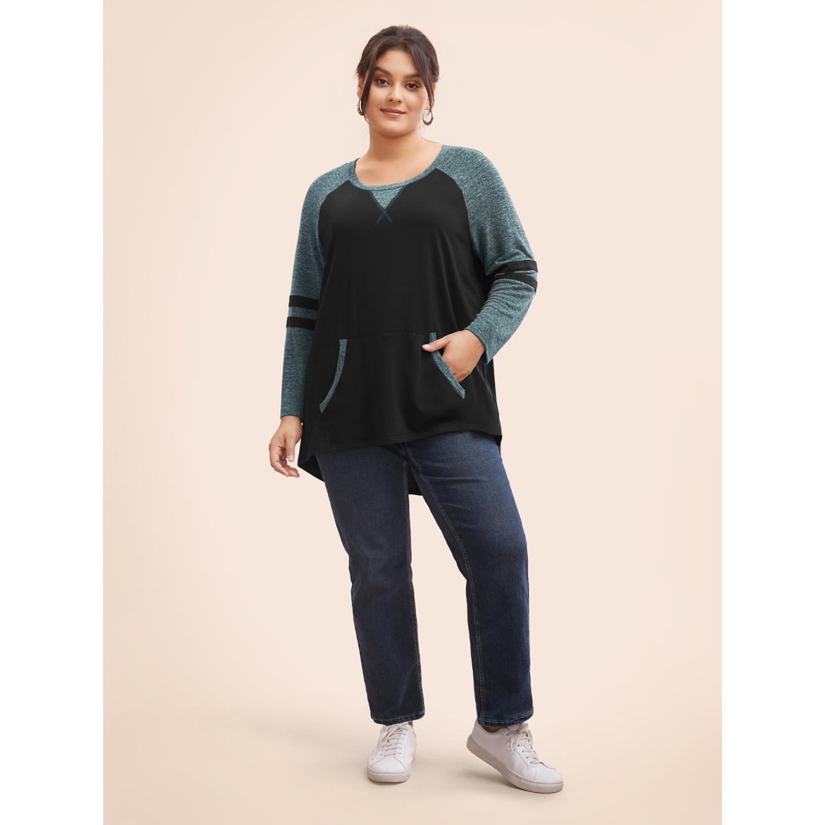 Plus Size Striped Contrast Pocket Raglan Sleeve High Low Hem Sweatshirt Women DarkBlue Casual Contrast Round Neck Everyday Sweatshirts BloomChic 22-24/3X Product Image
