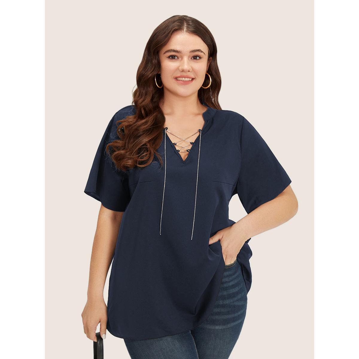 Plus Size Indigo Solid Crisscross Notched Metal Decor Blouse Women Office Short sleeve Notched collar Work Blouses BloomChic 18-20/2X Product Image