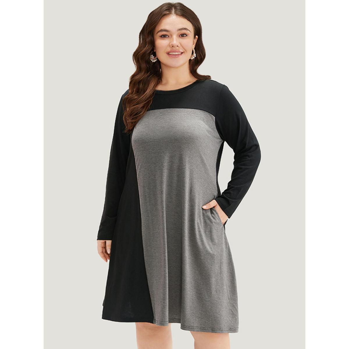 Plus Size Supersoft Essentials Two Tone Pocket Dress Black Women Casual Patchwork Round Neck Long Sleeve Curvy Knee Dress BloomChic 12/L Product Image