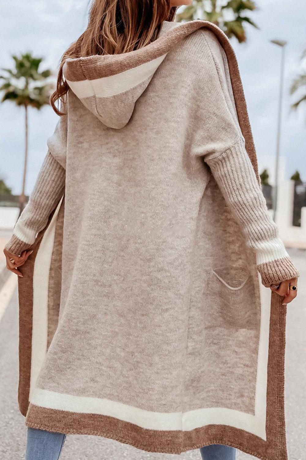 Pocketed Contrast Long Sleeve Hooded Cardigan Product Image
