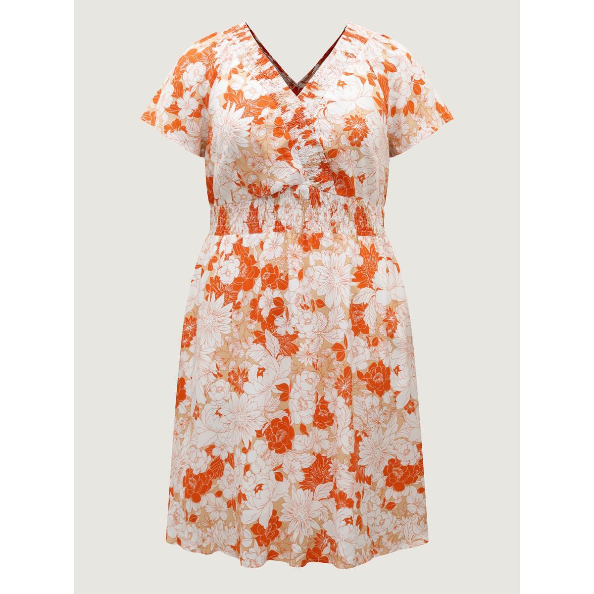 Plus Size Shirred Neck Floral Print Midi Dress Brightorange Women V-neck Cap Sleeve Curvy BloomChic 26/4X Product Image