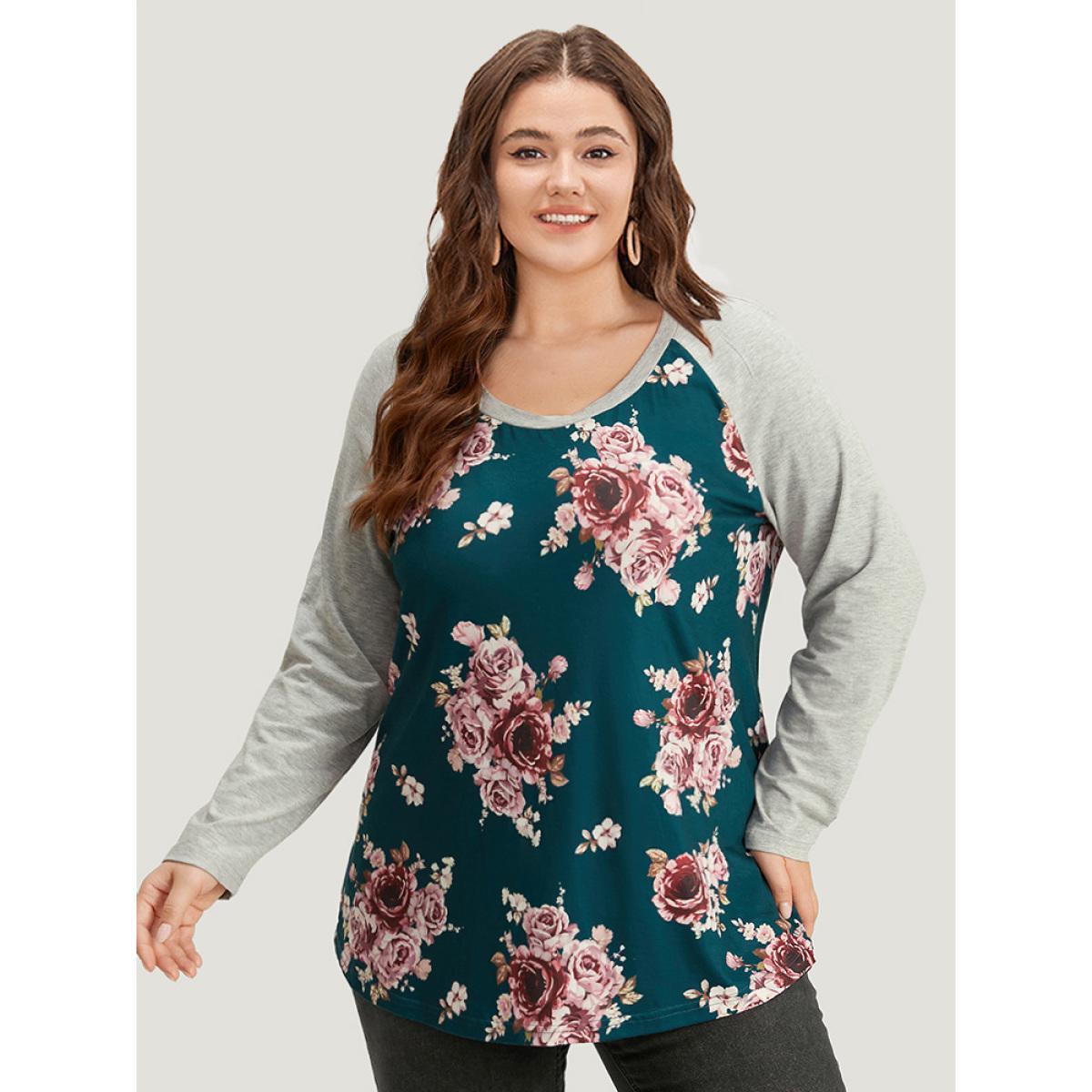 Plus Size Floral Contrast Raglan Sleeve T-shirt Cyan Women Casual Printed Floral Round Neck Everyday T-shirts BloomChic 10/M Product Image