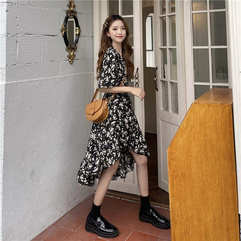 Short-Sleeve V-Neck Floral Print Ruffle High-Low A-Line Dress Product Image