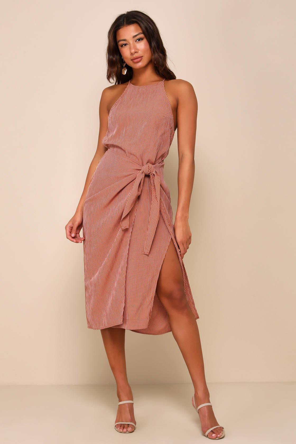 Amalfi Muse Rust Brown Striped Cutout Faux Wrap Midi Dress Product Image