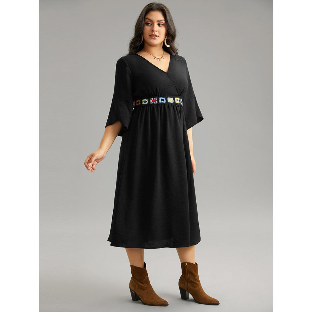 Plus Size Plain Elastic Waist Embroidered Wrap Dress Black Women Vacation Wrap Overlap Collar Elbow-length sleeve Curvy Midi Dress BloomChic 30/6X Product Image