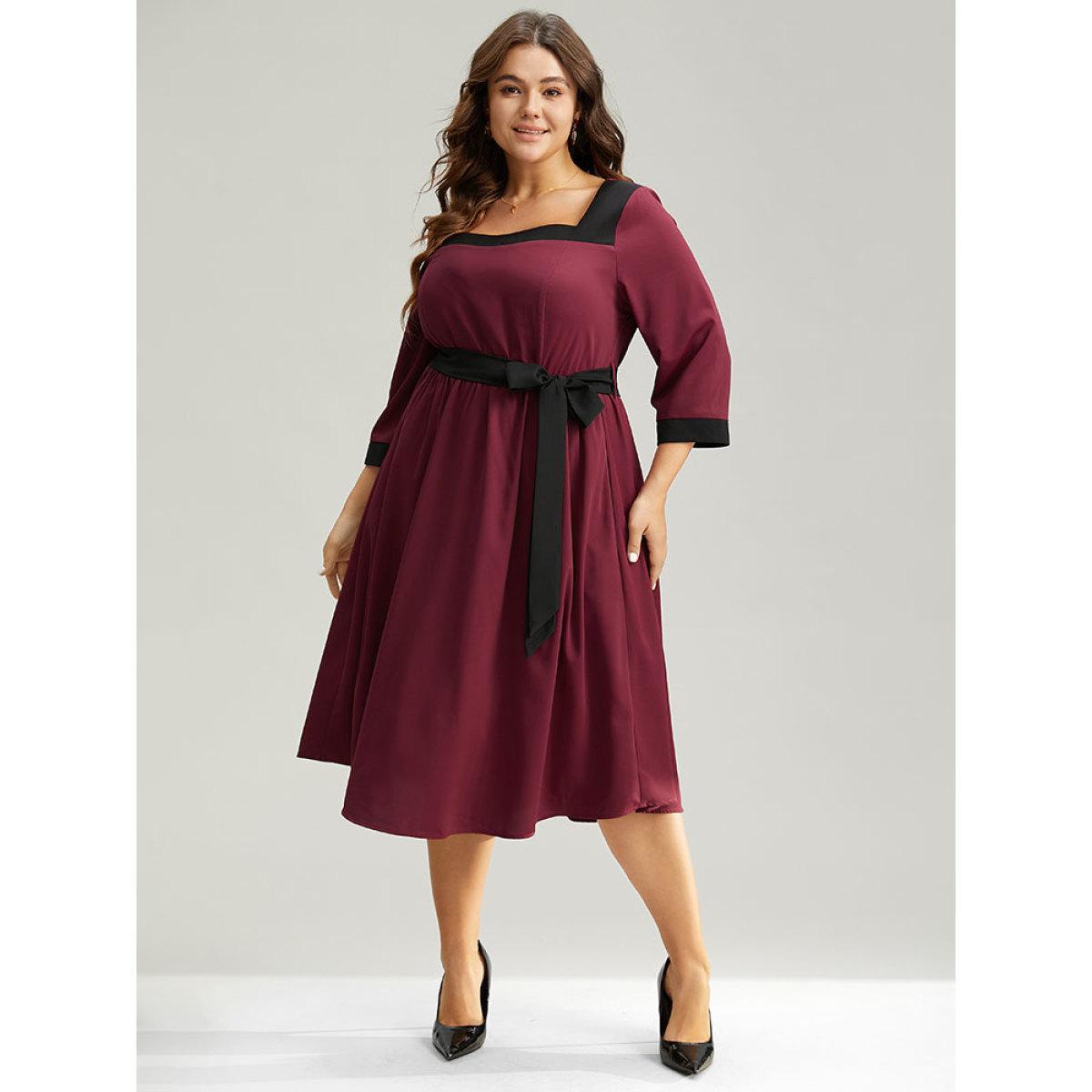 Plus Size Anti-Wrinkle Two Tone Patchwork Square Neck Dress Burgundy Women Elegant Belted Square Neck Elbow-length sleeve Curvy Midi Dress BloomChic 12/L Product Image
