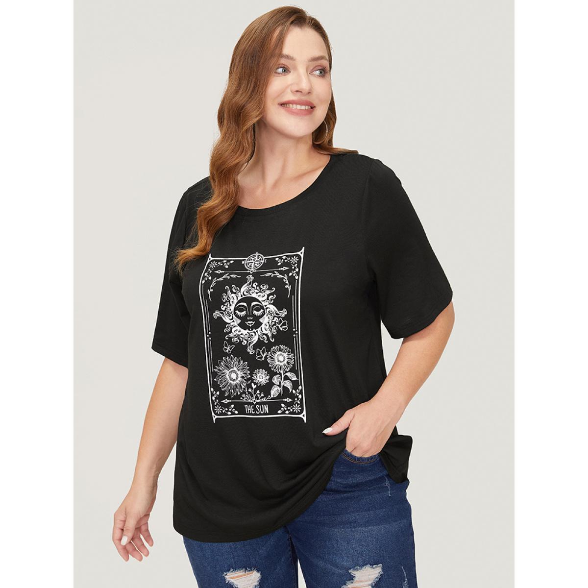 Plus Size Sunflower & Sun Print Roll Sleeve T-shirt Black Women Casual Natural Flowers Everyday T-shirts BloomChic 14-16/1X Product Image