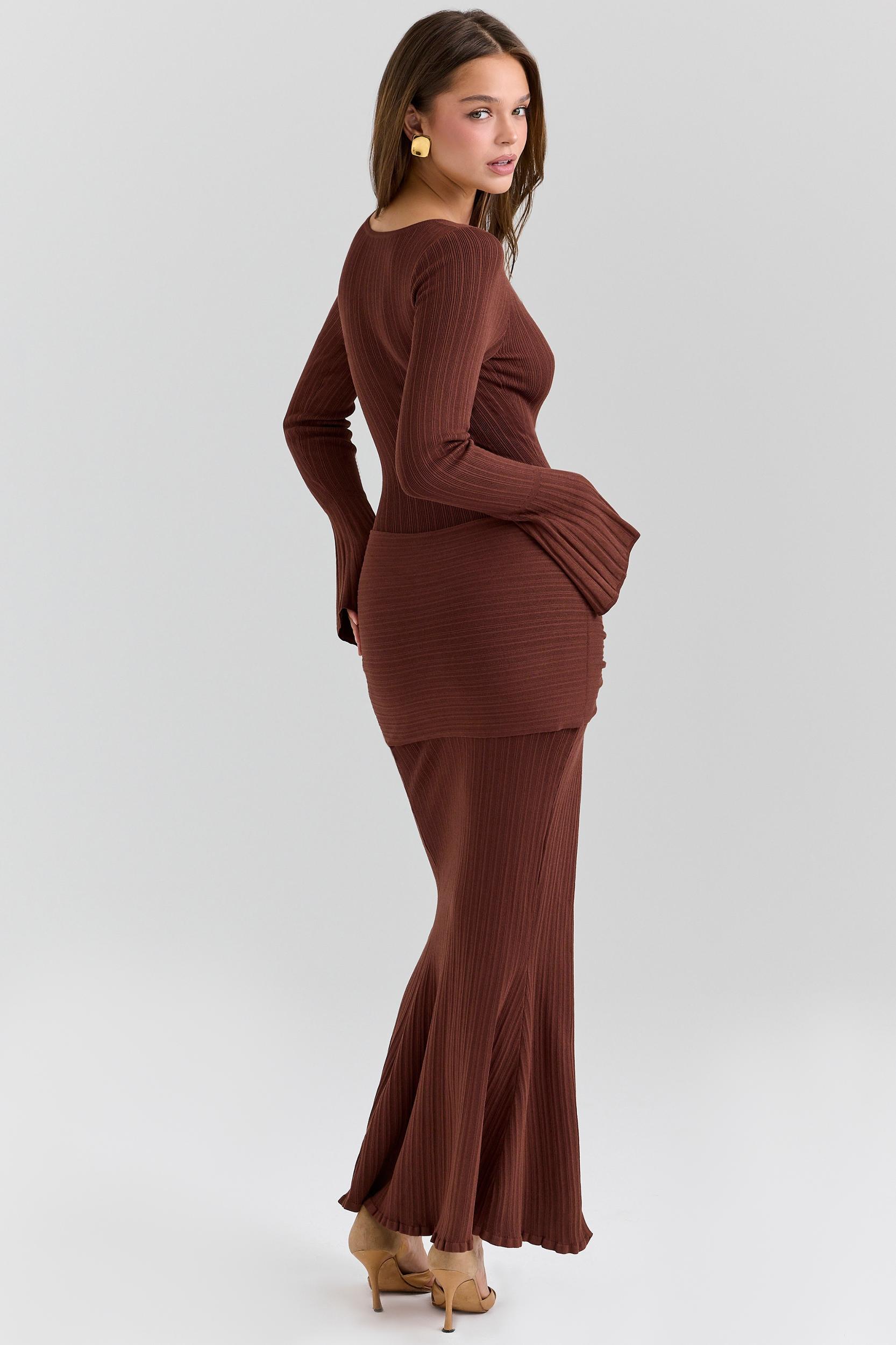 Khrysta  chocolate brown draped summer knit maxi dress Product Image