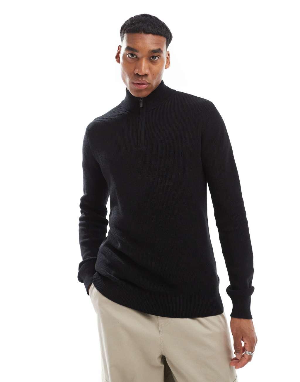 Brave Soul ribbed quarter zip sweater in black Product Image