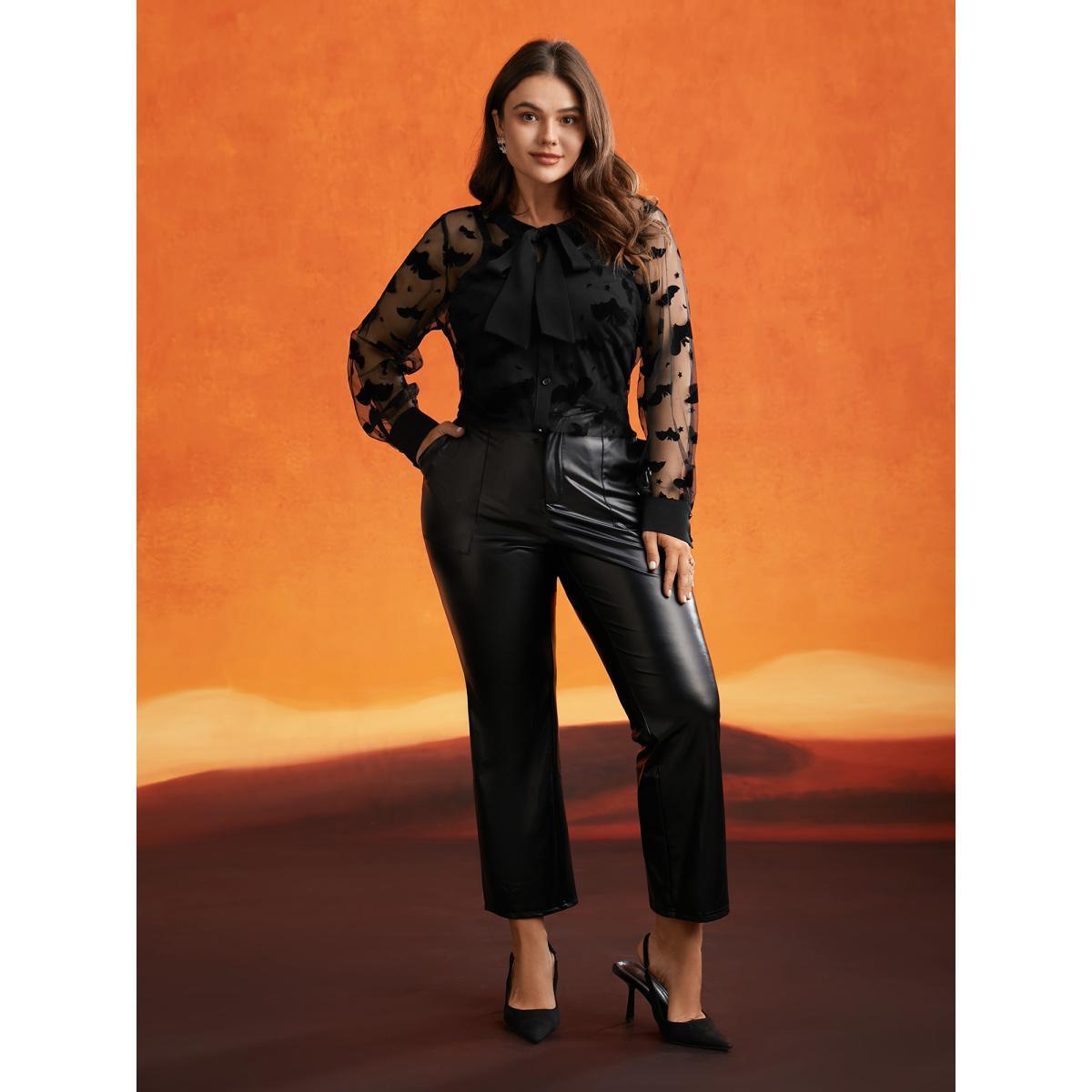 Plus Size Black Bats & Bows Ribbon Collar Blouse Women Elegant Long Sleeve Ribbon-tied collar Everyday Blouses BloomChic 22-24/3X Product Image