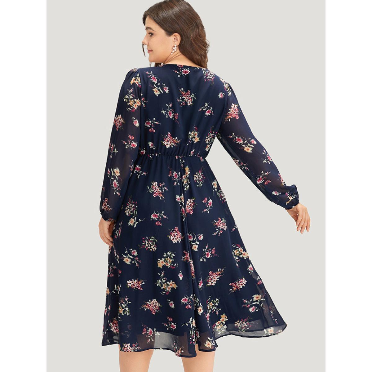 Plus Size Floral Print Surplice Neck Lantern Sleeve Mesh Dress DarkBlue Women Elegant Elastic cuffs V-neck Long Sleeve Curvy Midi Dress BloomChic 30/6X Product Image