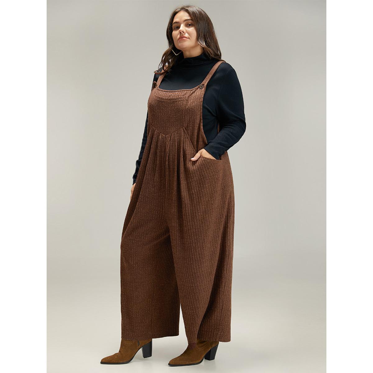 Plus Size DarkBrown Solid Pocket Pleated Adjustable Straps Jumpsuit Women Casual Sleeveless Spaghetti Strap Dailywear Loose Jumpsuits BloomChic 22-24/3X Product Image