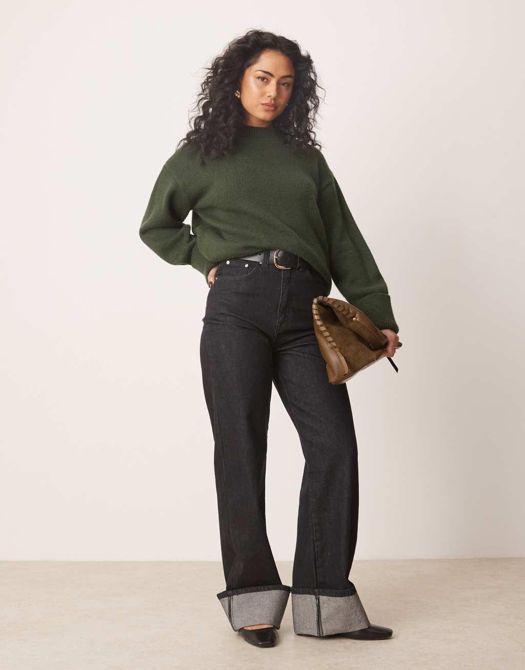 Miss Selfridge crew neck knitted sweater in forest green Product Image