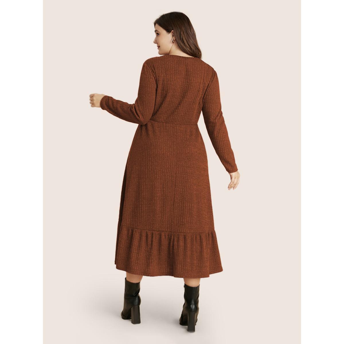 Plus Size Solid Pocket Rib Knit Ruffle Hem Dress Without Belt Coral Women Basics Non Round Neck Long Sleeve Curvy Midi Dress BloomChic 30/6X Product Image