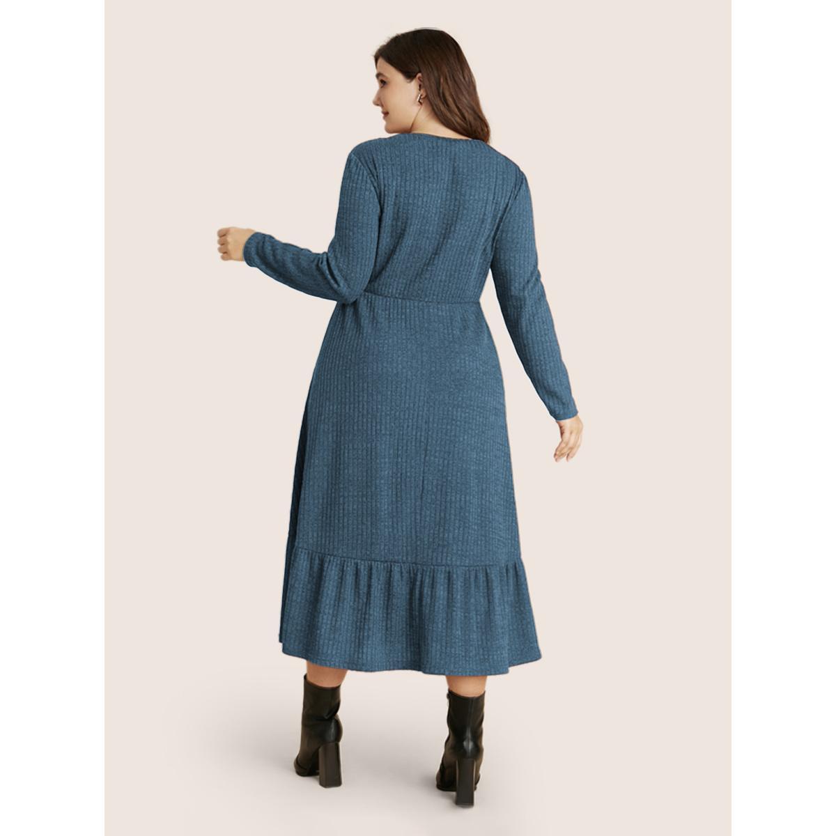 Plus Size Solid Pocket Rib Knit Ruffle Hem Dress Without Belt Stone Women Basics Non Round Neck Long Sleeve Curvy Midi Dress BloomChic 30/6X Product Image