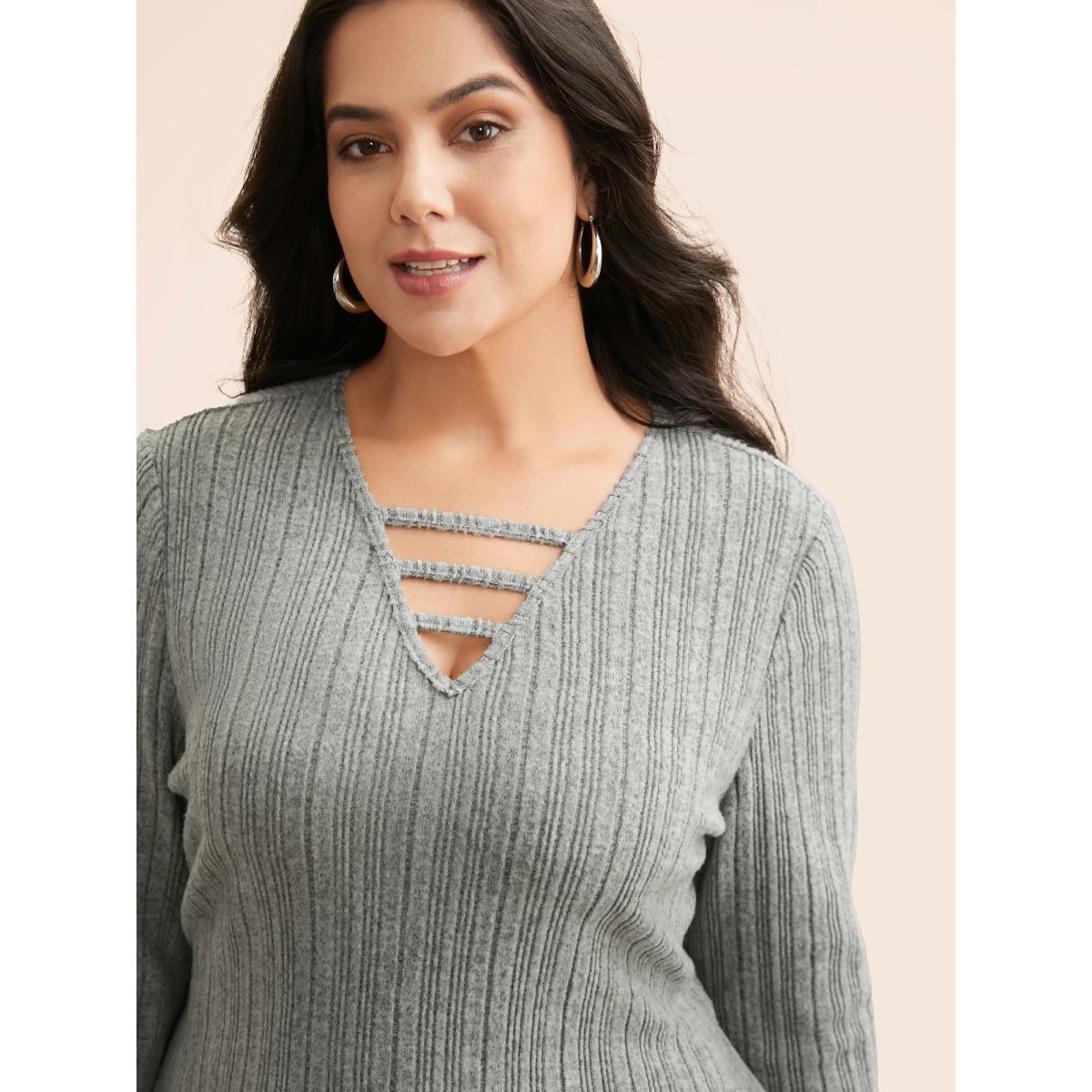 Plus Size Airy Cozy Neck Cut-Out Midi Dress Mediumgray Women Casual Texture Knit Dresses Bloomchic 30/6X Product Image