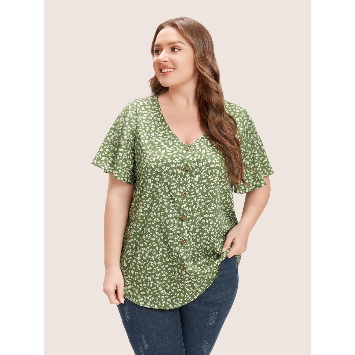 Plus Size Mint Ditsy Floral Ruffle Sleeve Button Detail Blouse Women Elegant Short sleeve V-neck Everyday Blouses BloomChic 14-16/1X Product Image