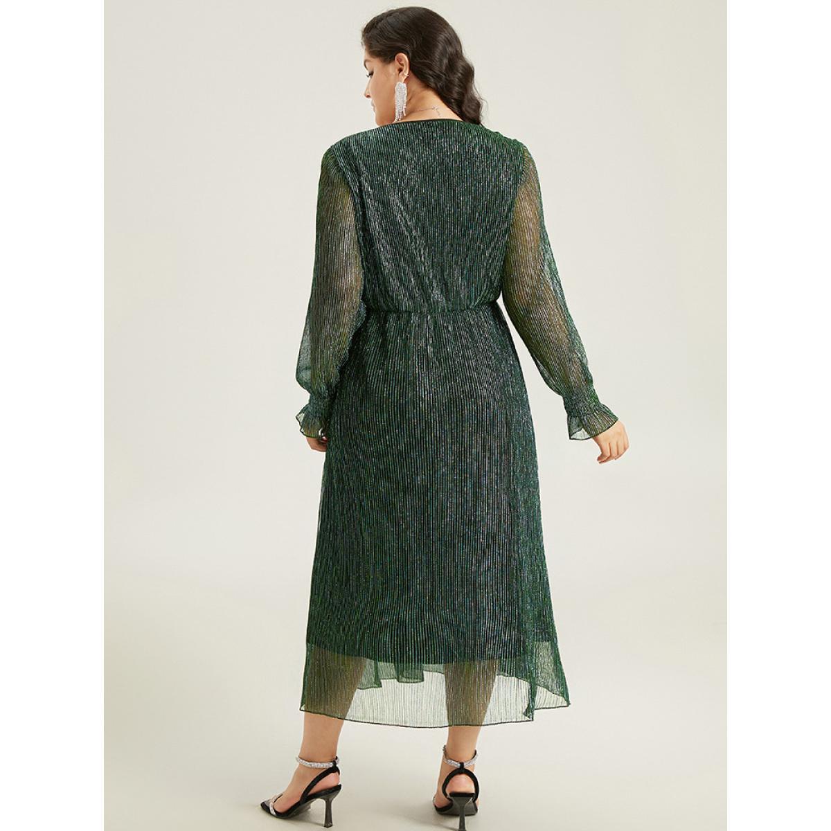Plus Size Plain Texture Elastic Waist Shirred Mesh Dress DarkGreen Women Cocktail Texture V-neck Long Sleeve Curvy Midi Dress BloomChic 18-20/2X Product Image