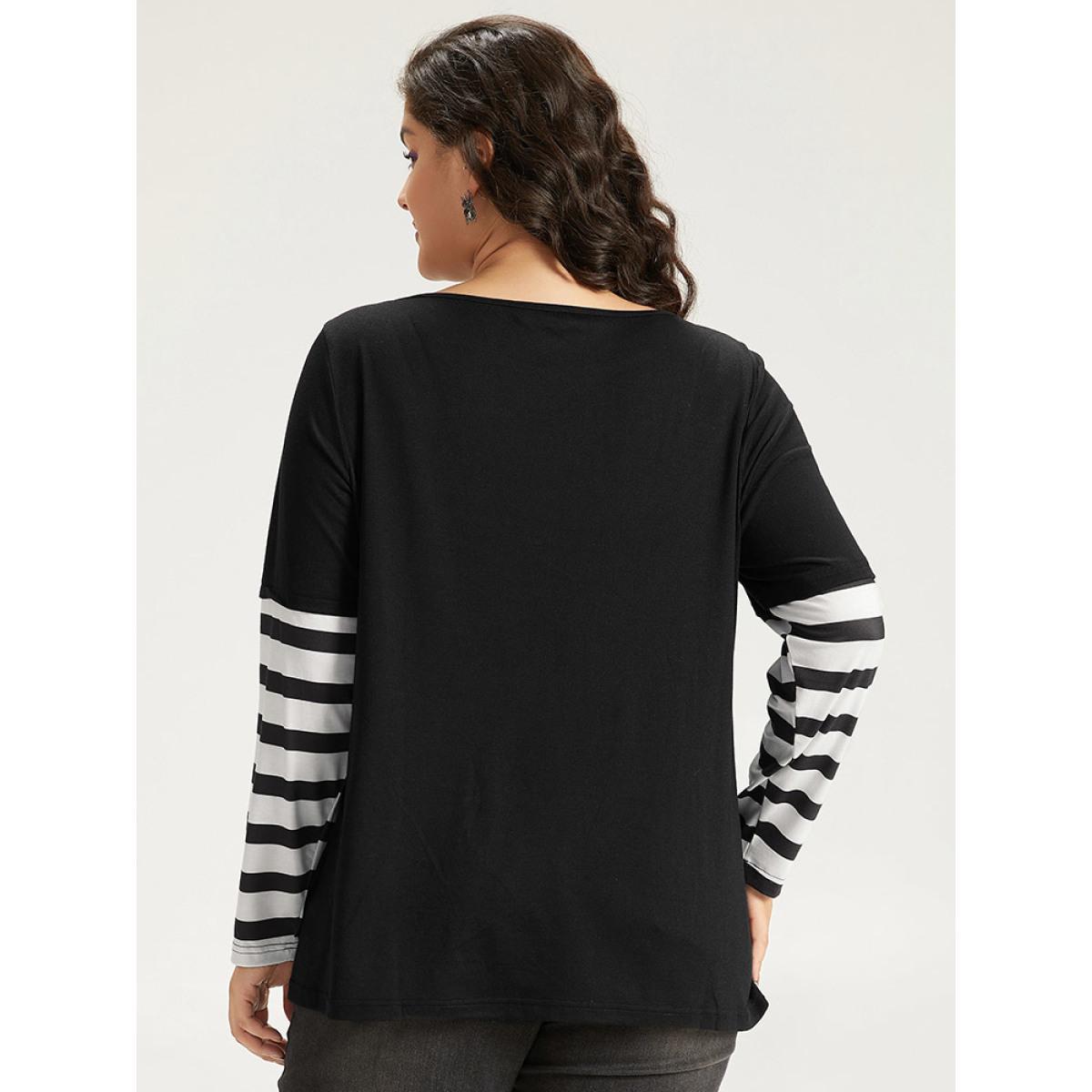 Plus Size Halloween Striped & Skull Print Patchwork T-shirt Black Women Casual Printed Halloween Festival-Halloween T-shirts BloomChic 22-24/3X Product Image