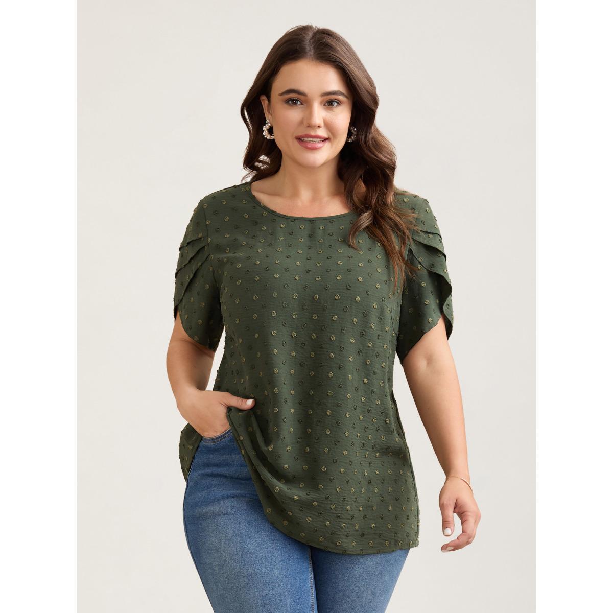Plus Size ArmyGreen Textured Color Contrast Petal Sleeve Blouse Women Elegant Short sleeve Round Neck Everyday Blouses BloomChic 28/5X Product Image