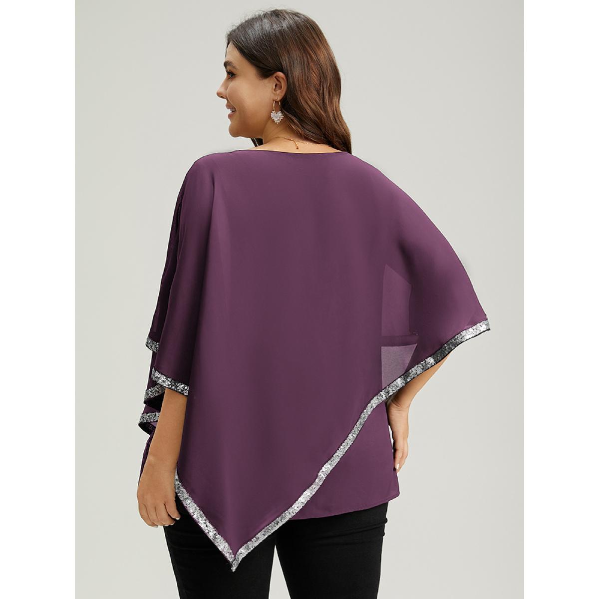 Plus Size Purple Sequin Patchwork Asymmetrical Dolman Sleeve Blouse Women Glamour Half Sleeve Round Neck Festival-Christmas Blouses BloomChic 10/M Product Image