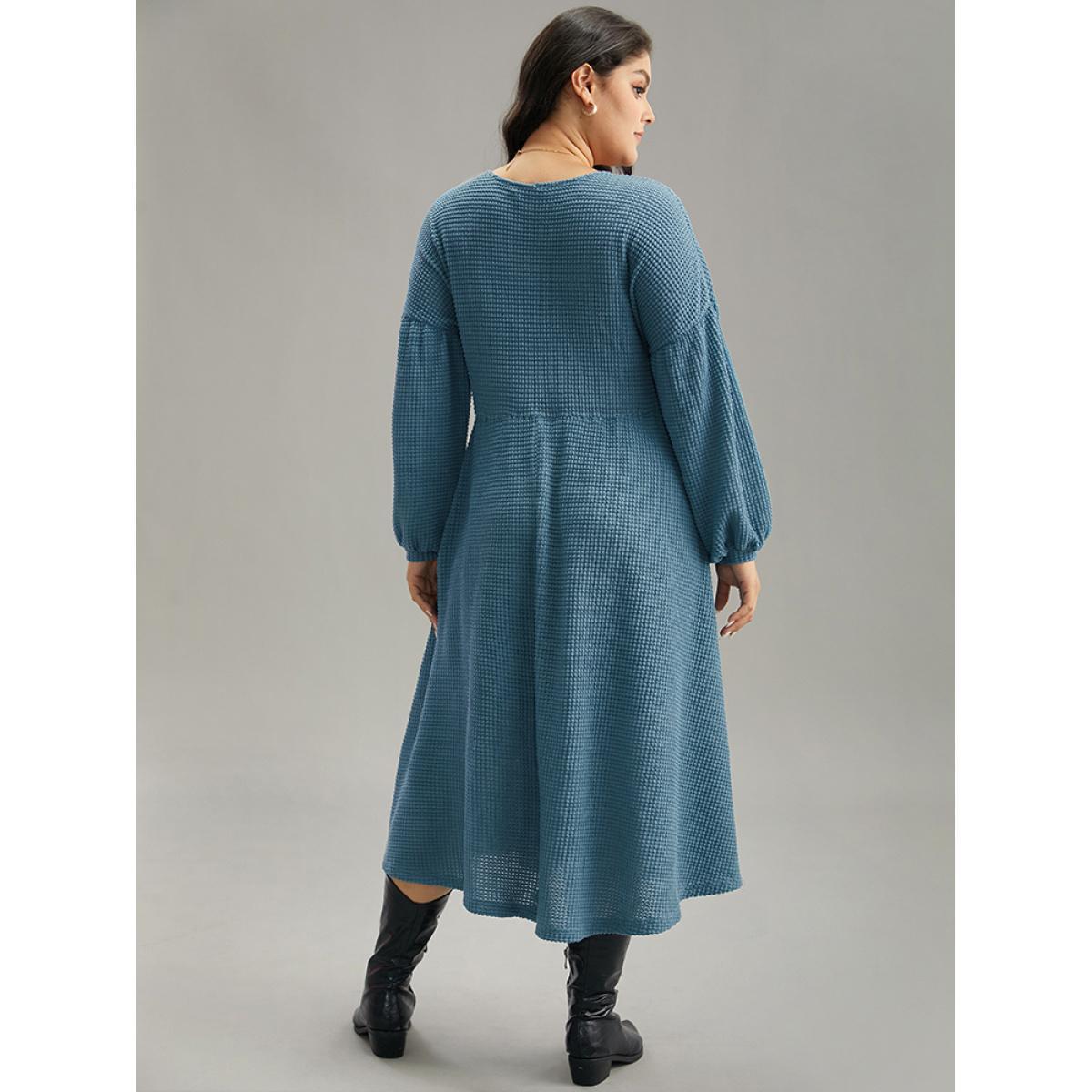 Plus Size Solid Waffle Knit Pocket Lantern Sleeve Dress Aegean Women Casual Texture V-neck Long Sleeve Curvy Midi Dress BloomChic 26/4X Product Image