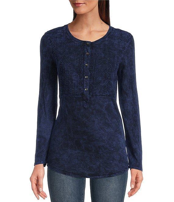Reba Sadie Mix Media Henley Neck Long Sleeve Mineral Wash Shirt Product Image