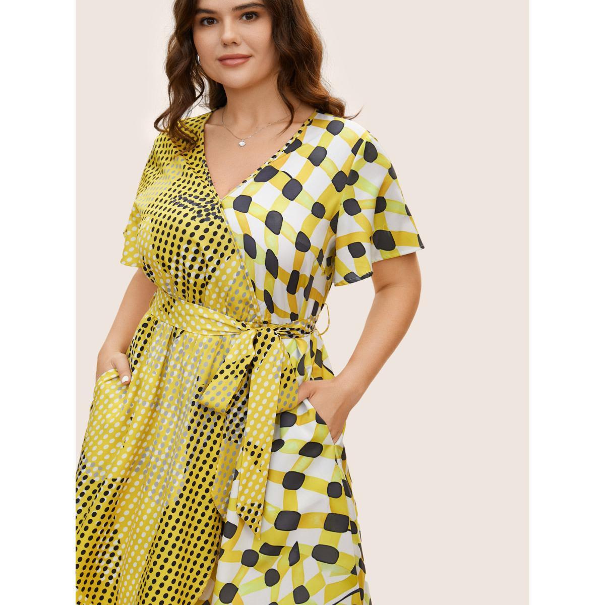 Plus Size Overlap Collar Contrast Polka Dot Belted Dress YellowGreen Women At the Office Overlapping Overlap Collar Short sleeve Curvy BloomChic 30/6X Product Image