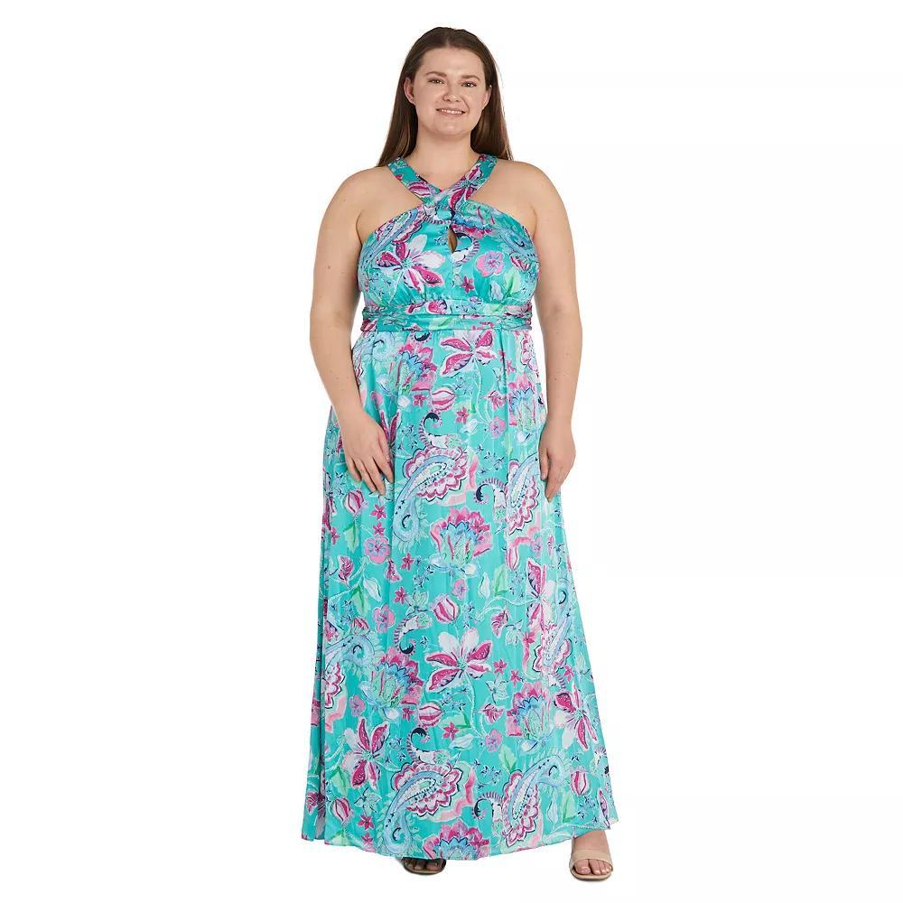 Plus Size R&M Richards Satin Crossover Halter Evening Gown, Women's, Size: 14 W, Green Pink Product Image
