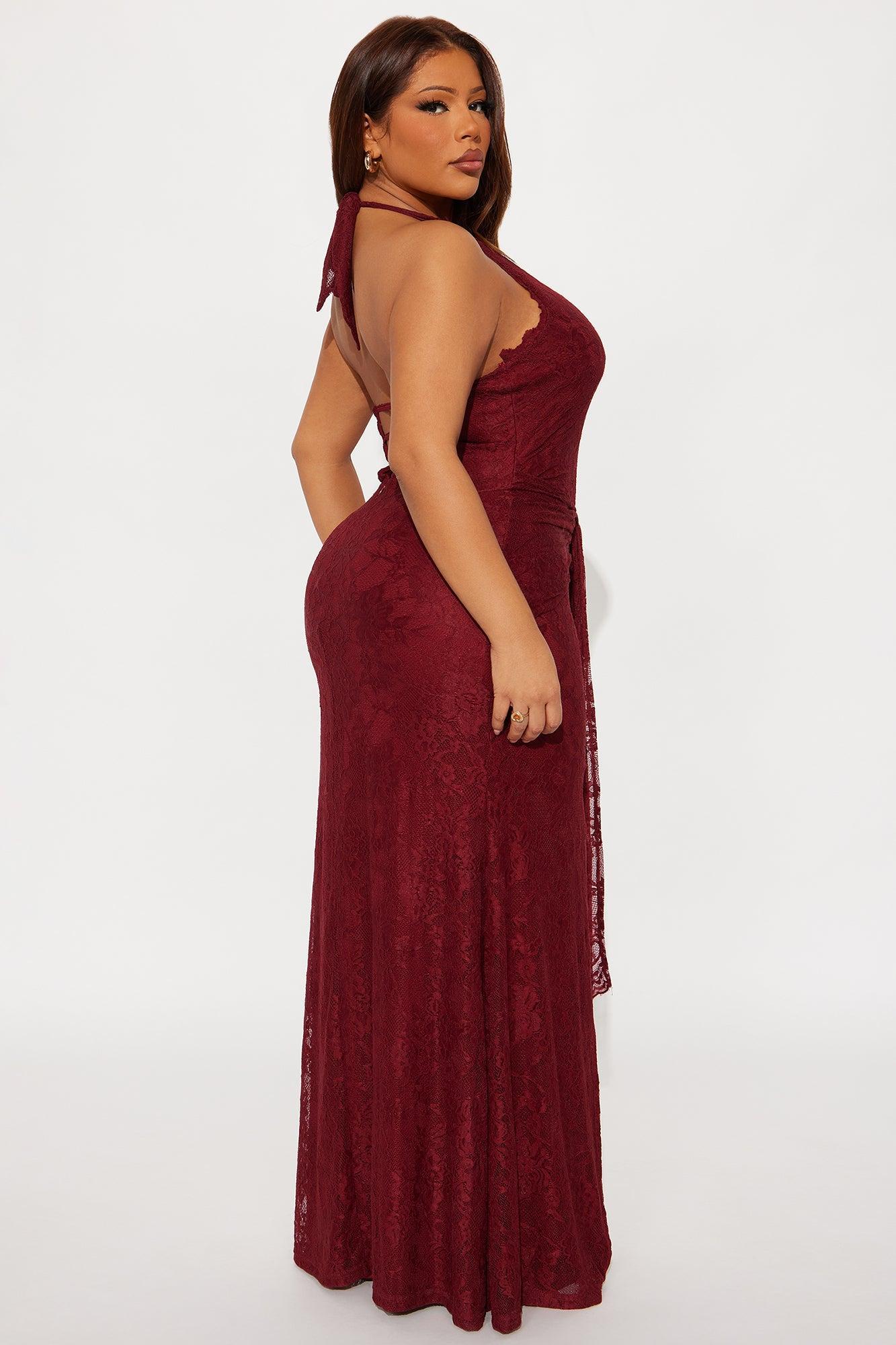 Lace Love Halter Maxi Dress - Burgundy Product Image