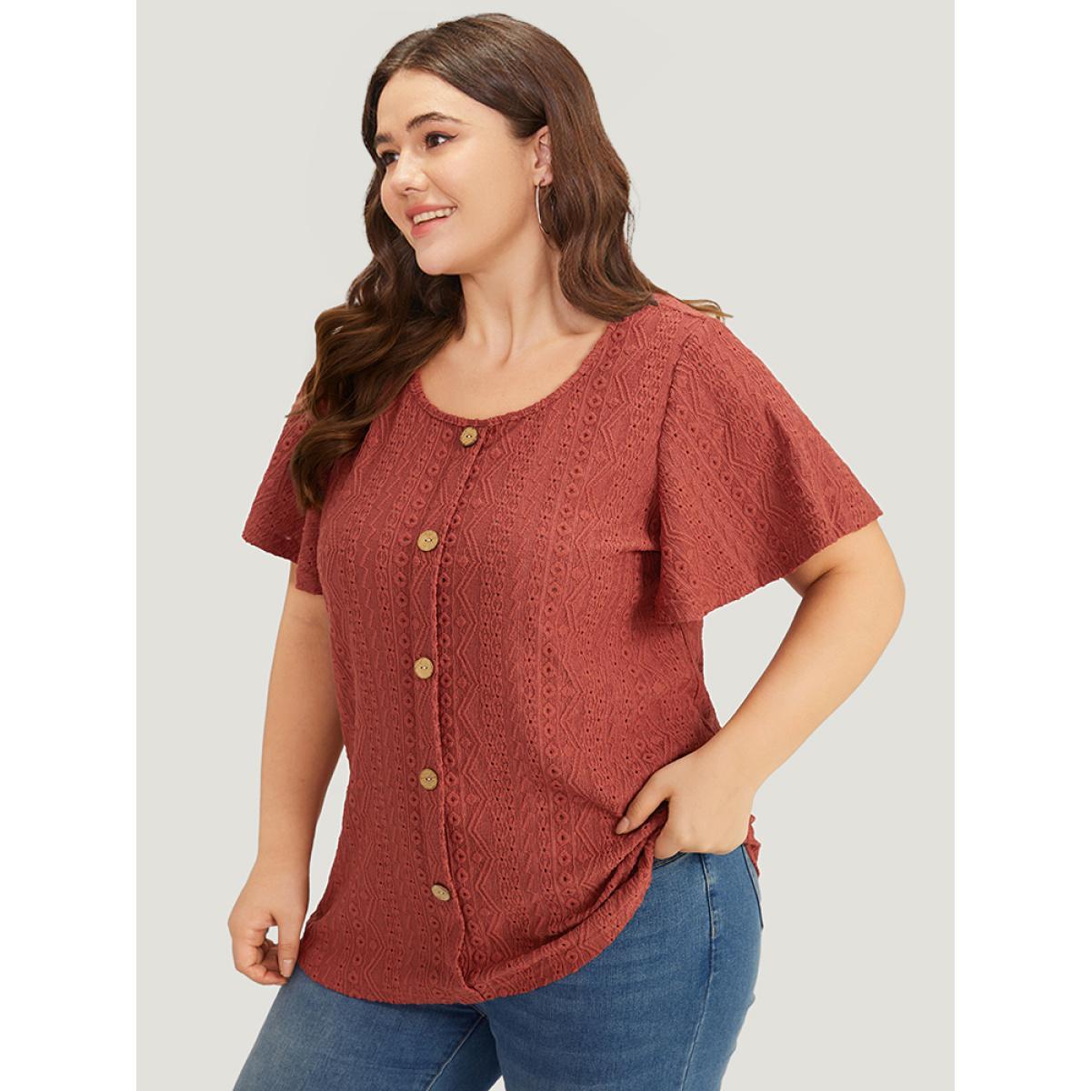 Plus Size Embroidered Button Detail Crew Neck Flutter Sleeve T-shirt Rust Women Elegant Texture Plain Round Neck Dailywear T-shirts BloomChic 26/4X Product Image