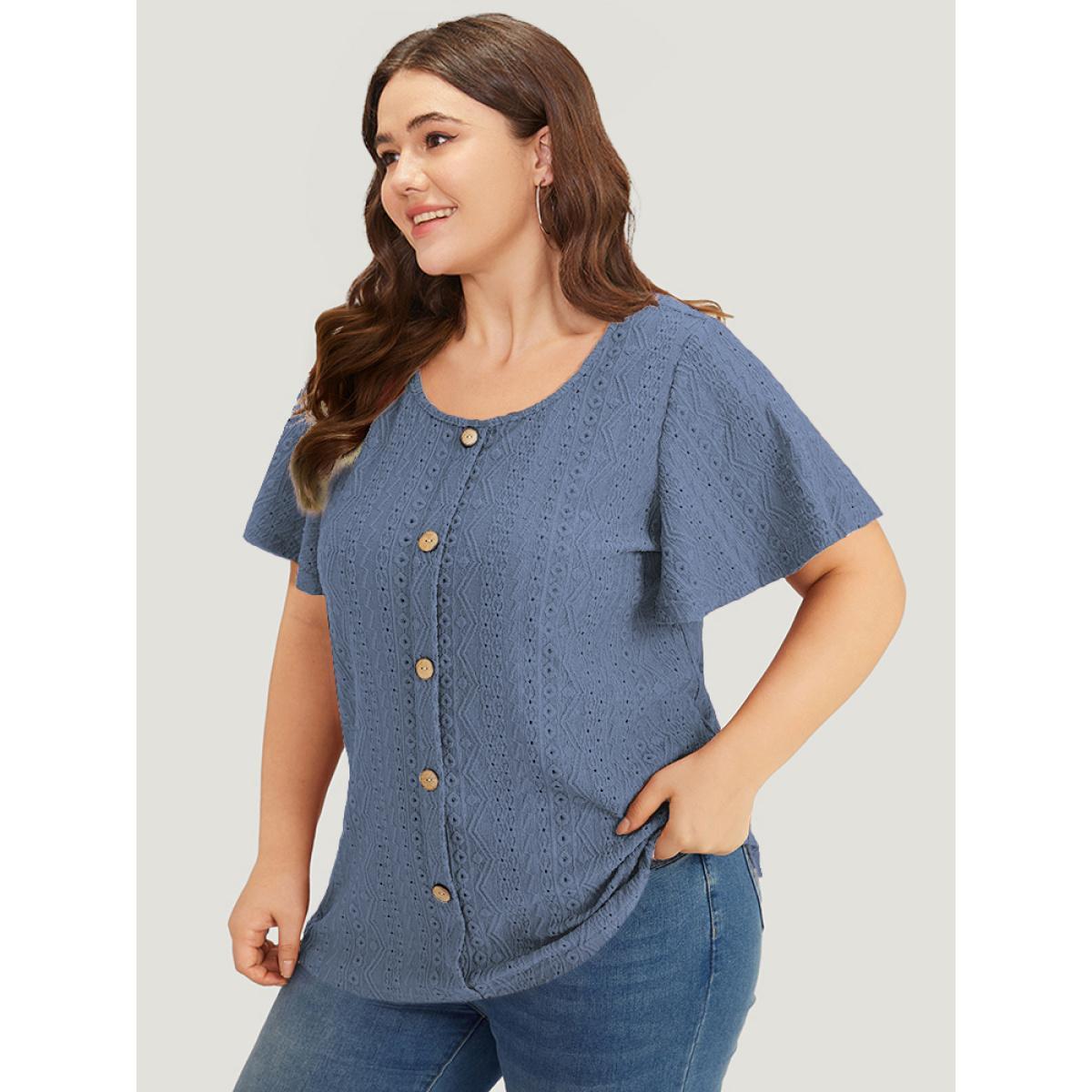 Plus Size Embroidered Button Detail Crew Neck Flutter Sleeve T-shirt Stone Women Elegant Texture Plain Round Neck Dailywear T-shirts BloomChic 28/5X Product Image