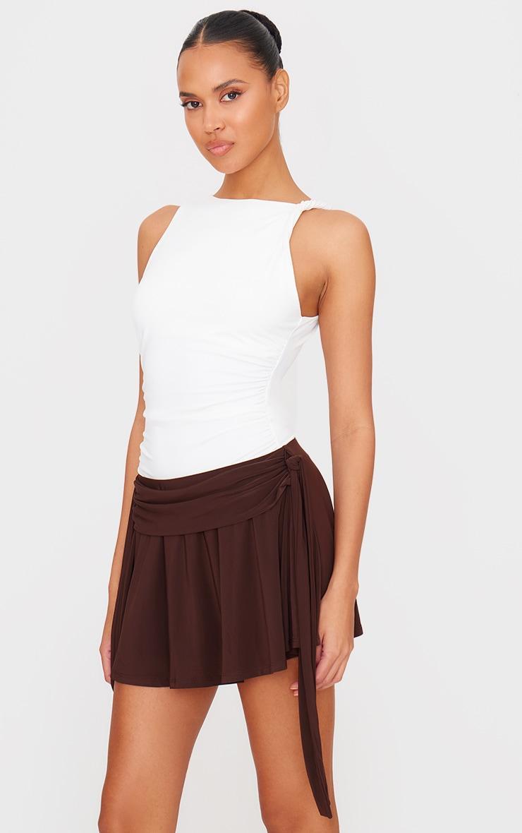 Chocolate Brown Slinky Tie Side Flippy Mini Skirt Product Image
