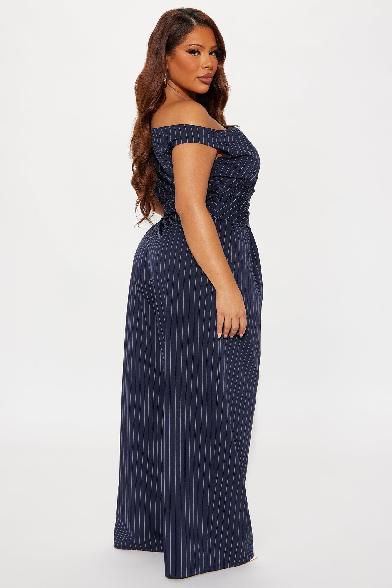 All Business Pinstripe One Shoulder Pant Set - Navy Product Image