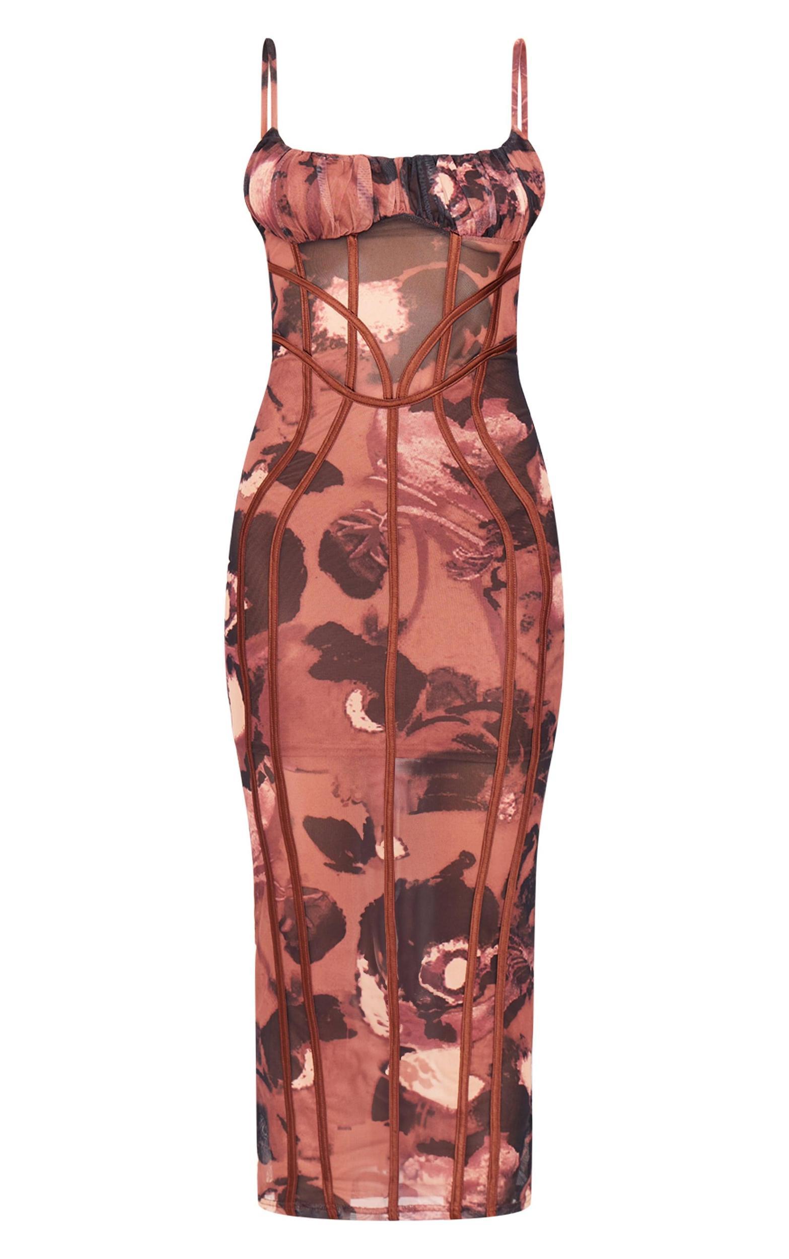 Chocolate Floral Print Mesh Binding Detail Midaxi Dress Product Image