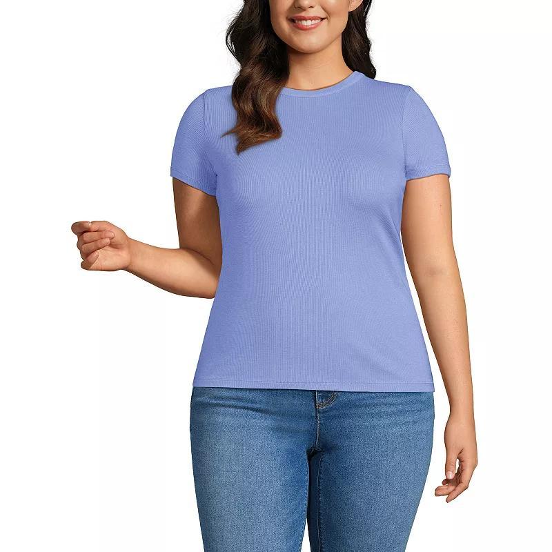 Plus Size Lands' End Drapey Rib Fitted Short Sleeve Mini T-Shirt, Women's, Size: 1XL, Ivory Navy Stripe Product Image