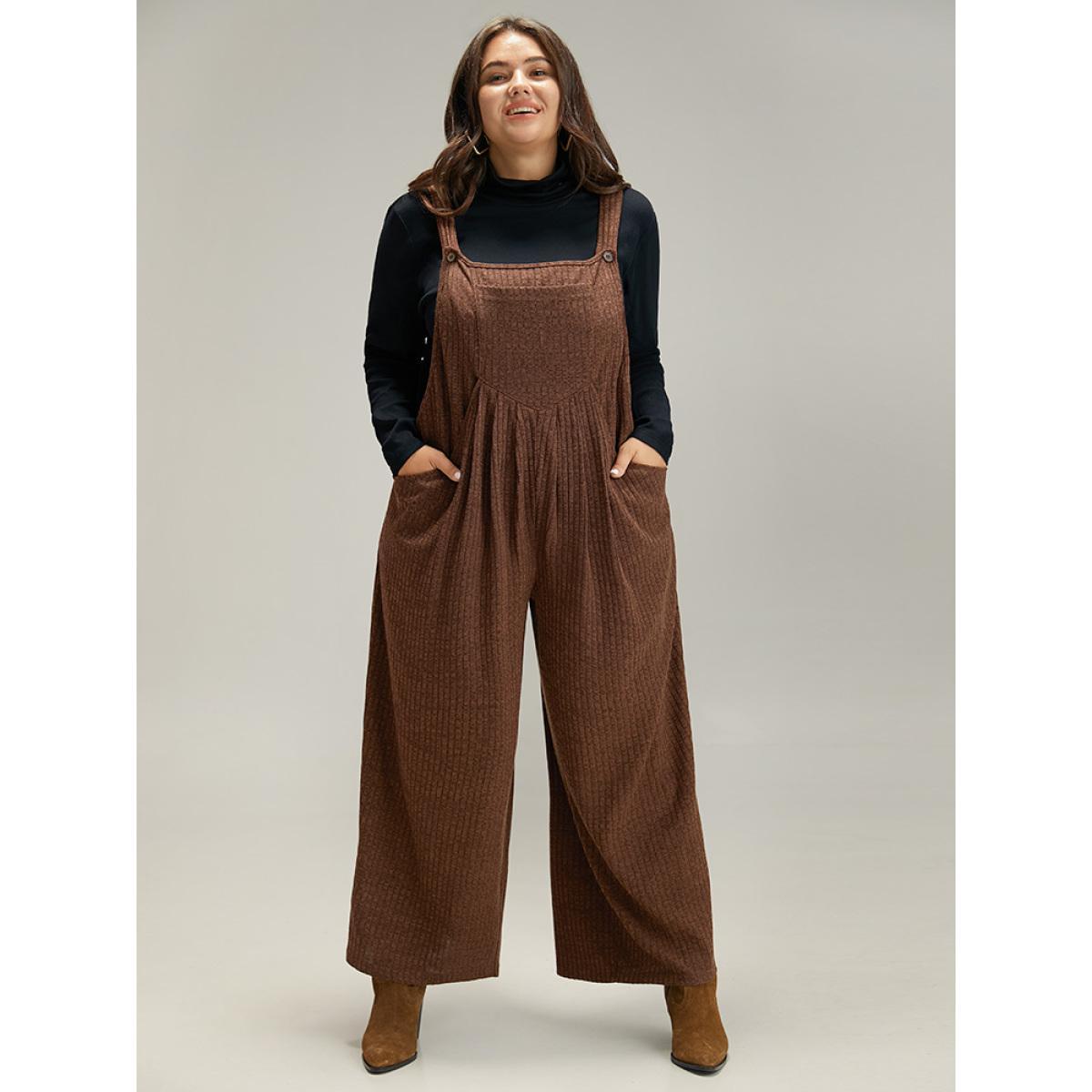 Plus Size DarkBrown Solid Pocket Pleated Adjustable Straps Jumpsuit Women Casual Sleeveless Spaghetti Strap Dailywear Loose Jumpsuits BloomChic 22-24/3X Product Image