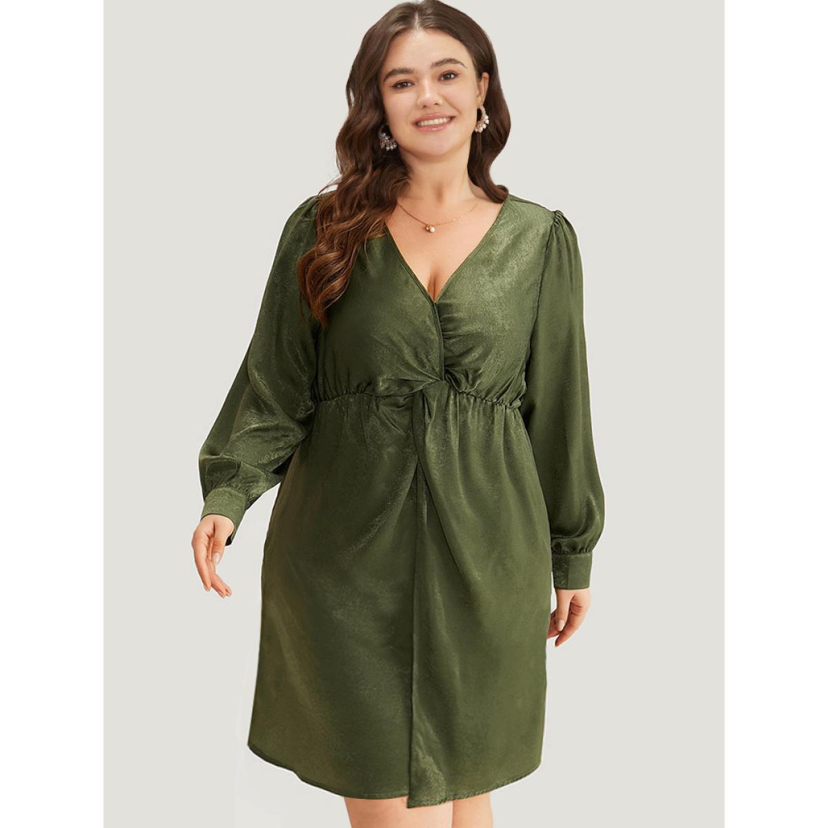Plus Size Solid Wrap Twist Front Elastic Waist Dress ArmyGreen Women Office Plain V-neck Half Sleeve Curvy Knee Dress BloomChic 28/5X Product Image