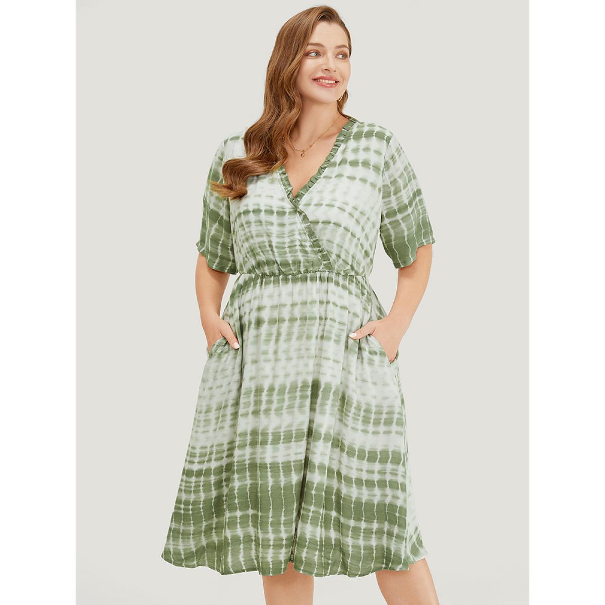 Plus Size Tie Dye Surplice Neck Pocket Frill Trim Dress LightGreen Women Vacation Wrap V-neck Short sleeve Curvy Knee Dress BloomChic 12/L Product Image