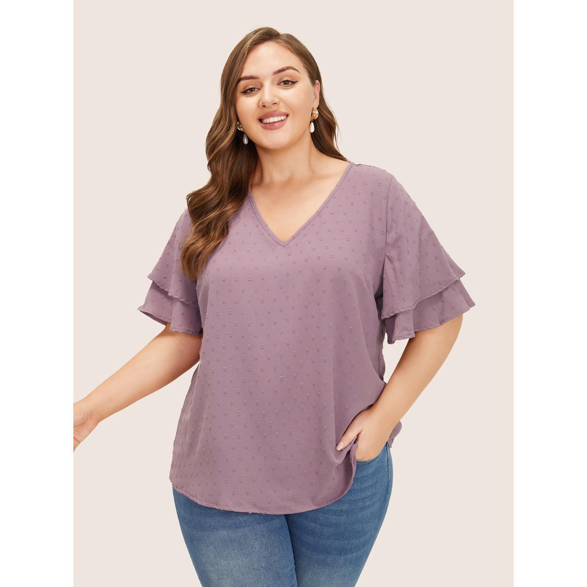 Plus Size Mauve Plain Ruffle Tiered Sleeve V Neck Polka Dot Blouse Women Elegant Short sleeve V-neck Everyday Blouses BloomChic 10/M Product Image