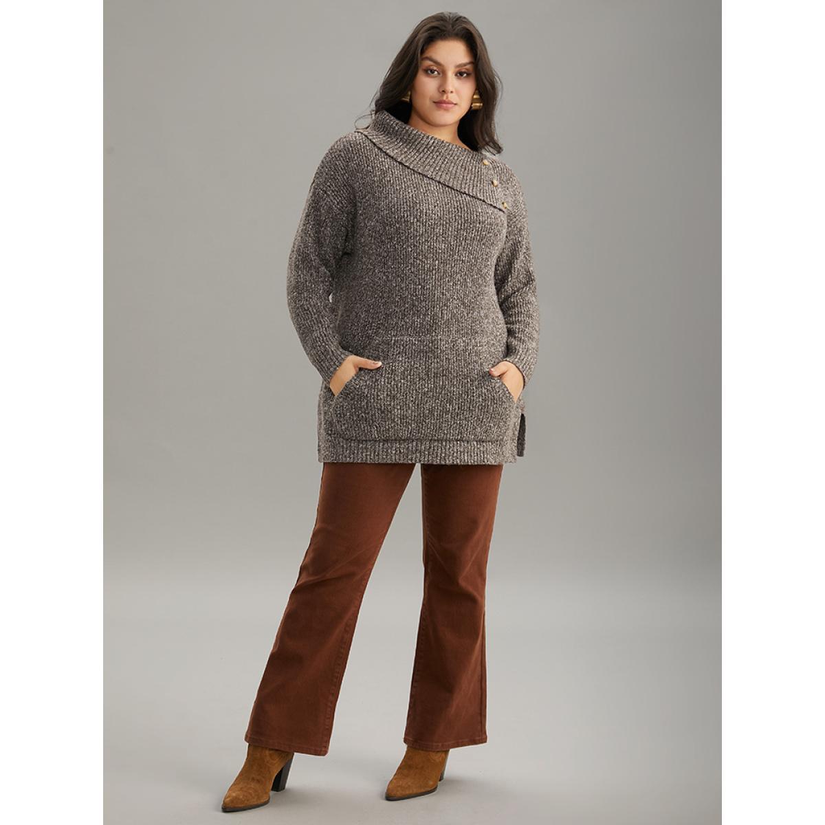 Plus Size Heather Split Hem Asymmetrical Button Detail Pullover DarkBrown Women Casual Loose Long Sleeve Asymmetrical Neck Dailywear Pullovers BloomChic 18-20/2X Product Image