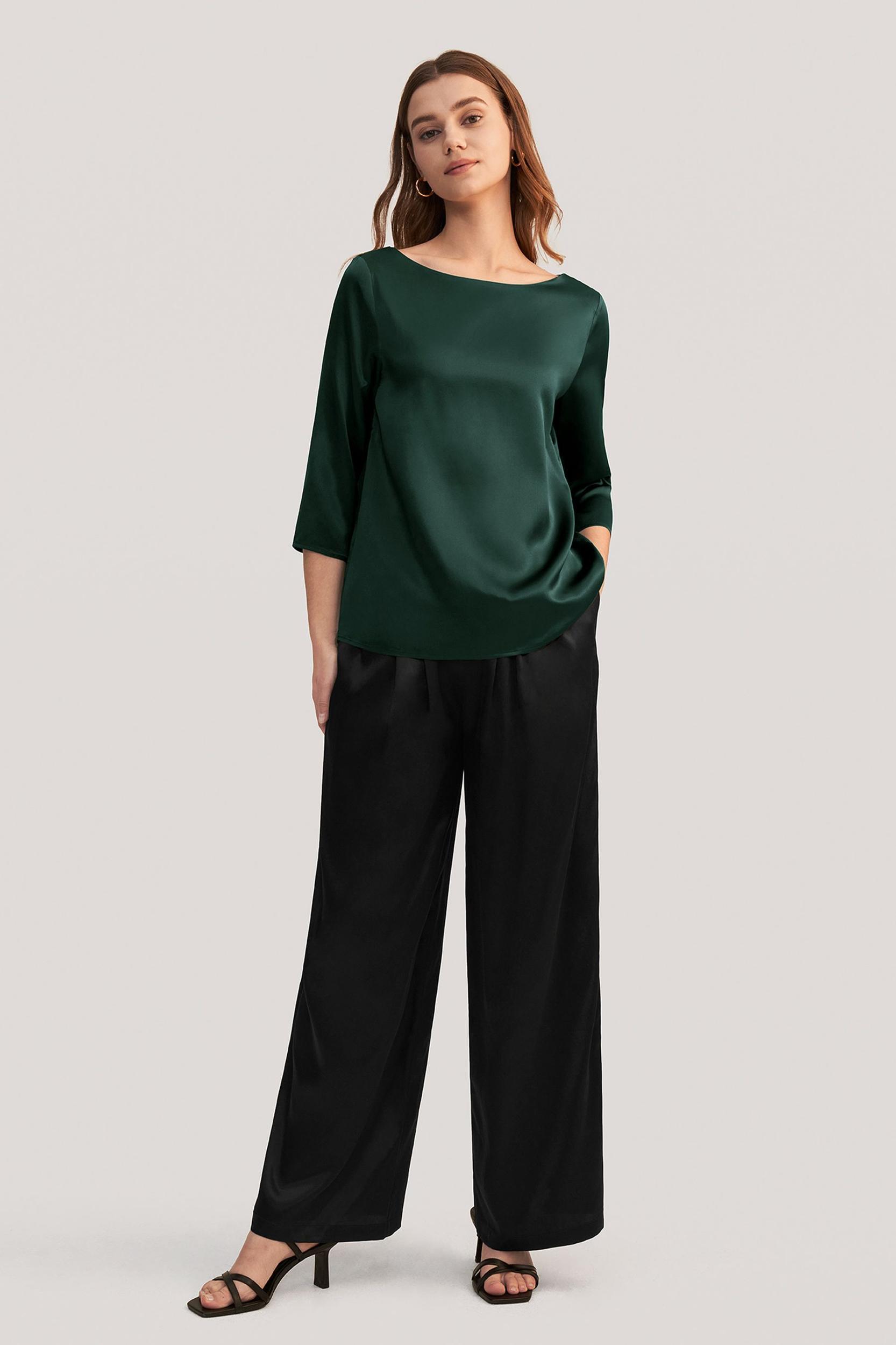 3/4 Sleeve Boat Neck Silk Blouse Product Image