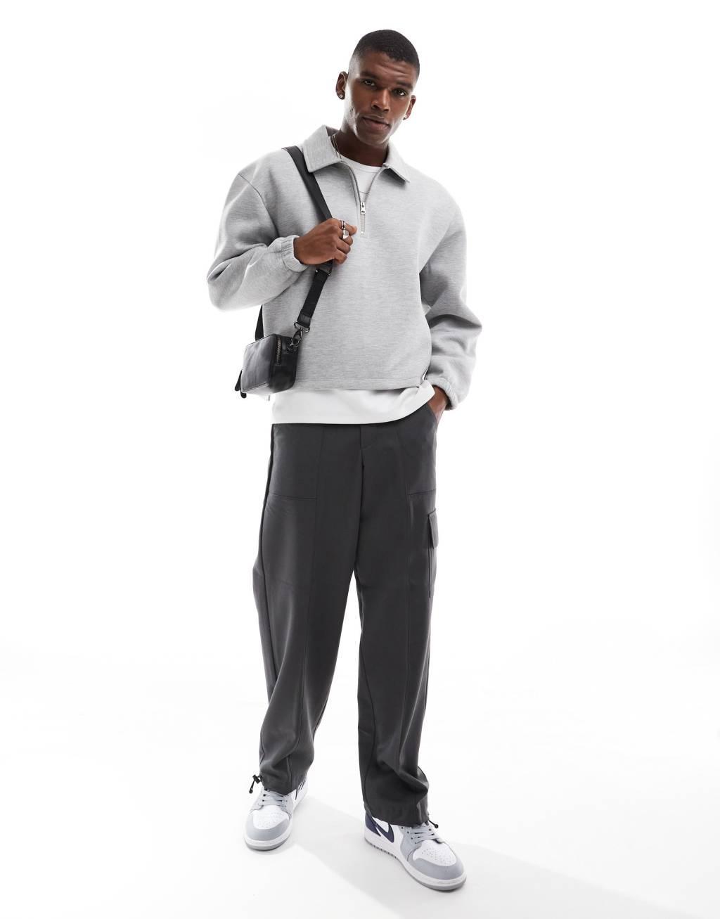 ASOS DESIGN heavyweight boxy scuba sweatshirt with zip collar in gray Product Image