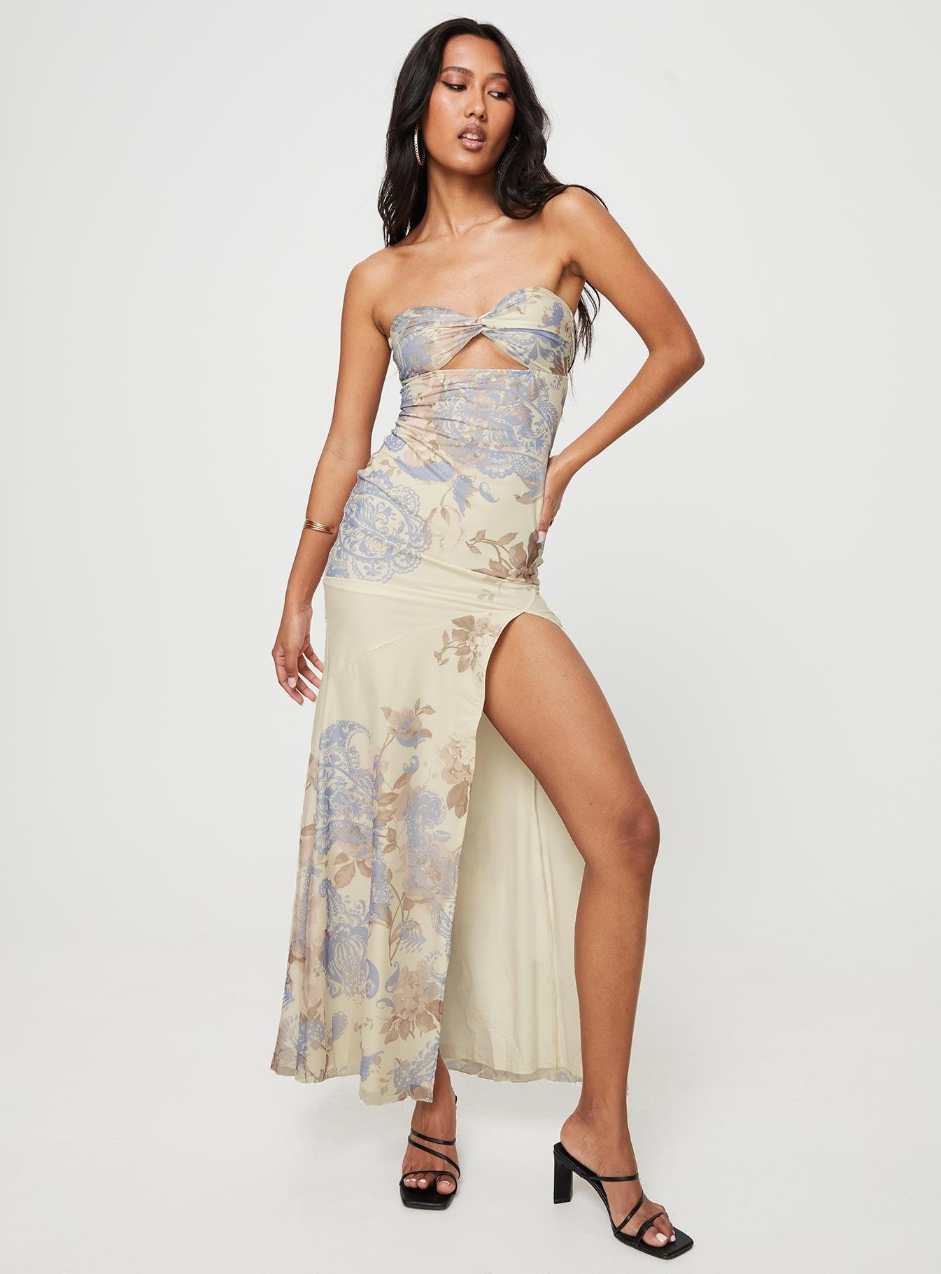Kyanne High Split Maxi Dress Cream Multi Product Image