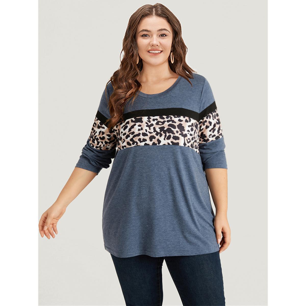 Plus Size Leopard Heather Patchwork Crew Neck T-shirt Blue Women Casual Patchwork Patchwork Round Neck Dailywear T-shirts BloomChic 30/6X Product Image
