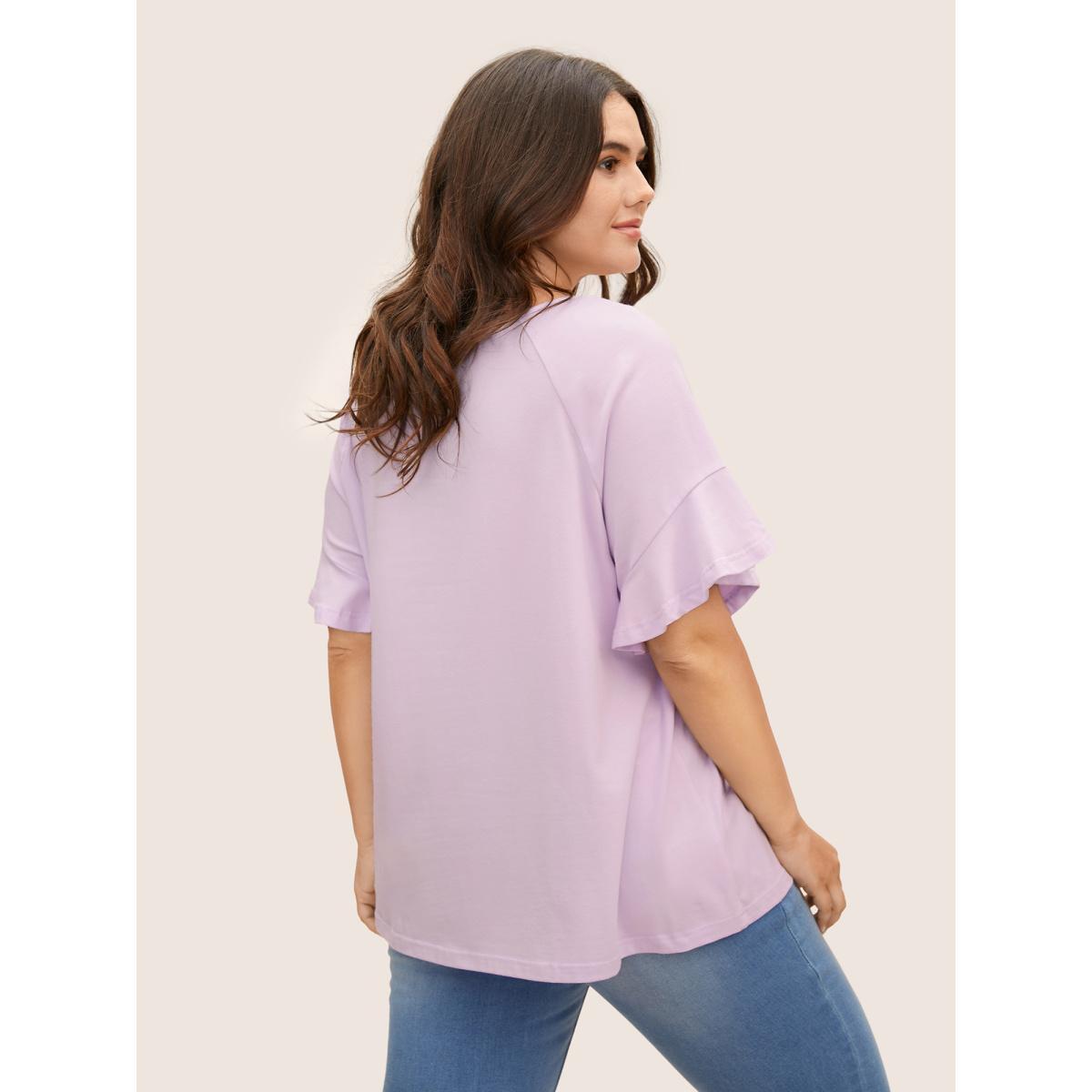 Plus Size Cotton Round Neck Plain Patchwork Ruffles T-shirt Lavender Women Elegant Patchwork Round Neck Everyday T-shirts BloomChic 12/L Product Image