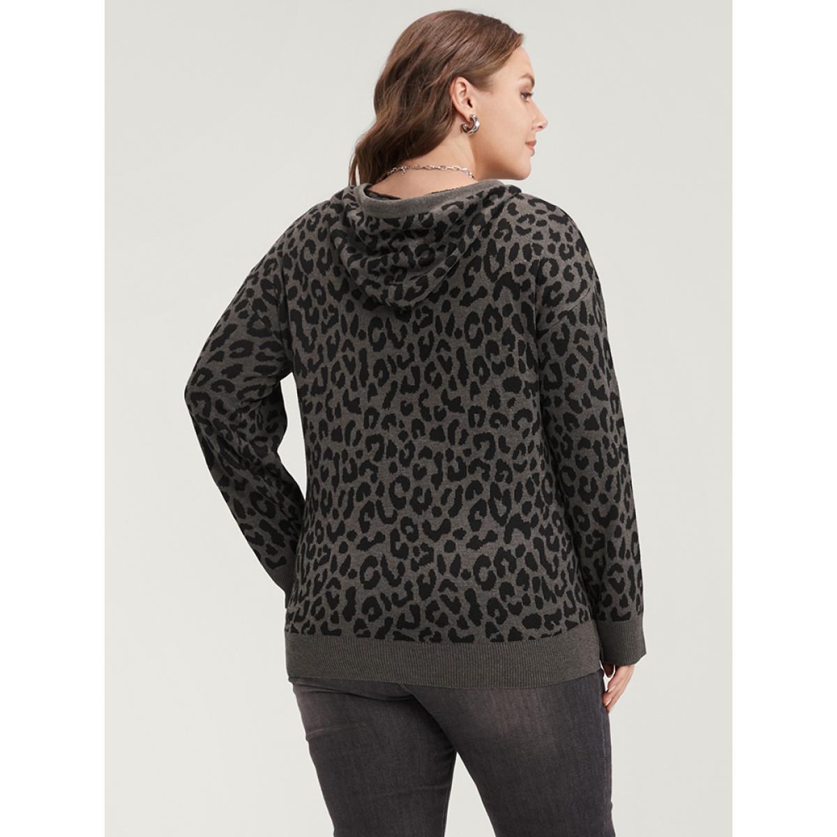 Plus Size Leopard Contrast Pointelle Knit Pocket Drawstring Hooded Knit Top DimGray Women Casual Long Sleeve Hooded Dailywear Pullovers BloomChic 22-24/3X Product Image