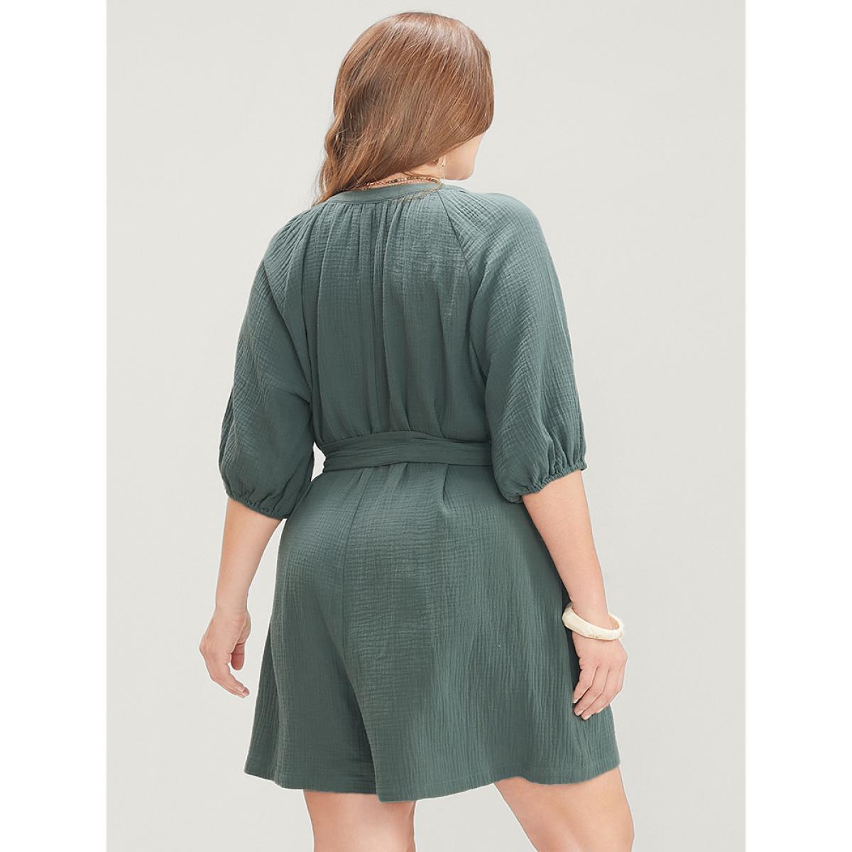 Plus Size Emerald Solid Drawstring Pocket Button Up Belted Romper Women Casual Half Sleeve V-neck Dailywear Loose Jumpsuits BloomChic 30/6X Product Image